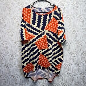 LuLaRoe Irma Tunic Top Women Medium Blue Red Star Geometric High Low